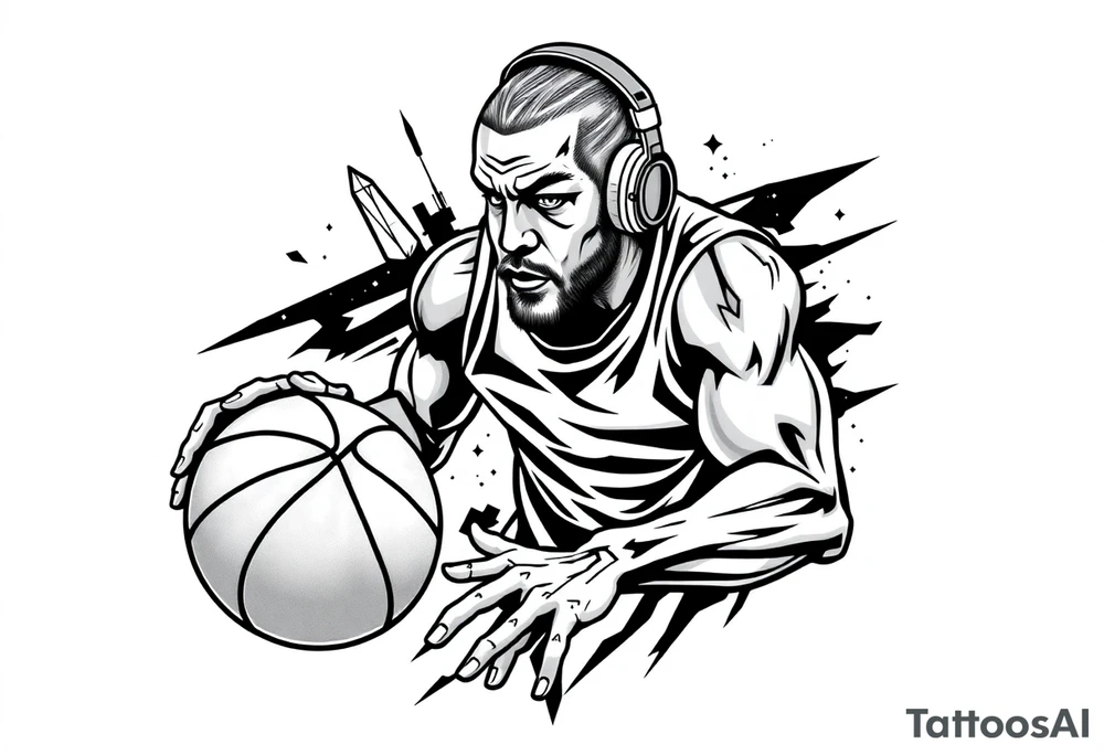 A guy dribbling a basketball with headphones on tattoo idea