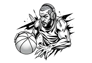 A guy dribbling a basketball with headphones on tattoo idea