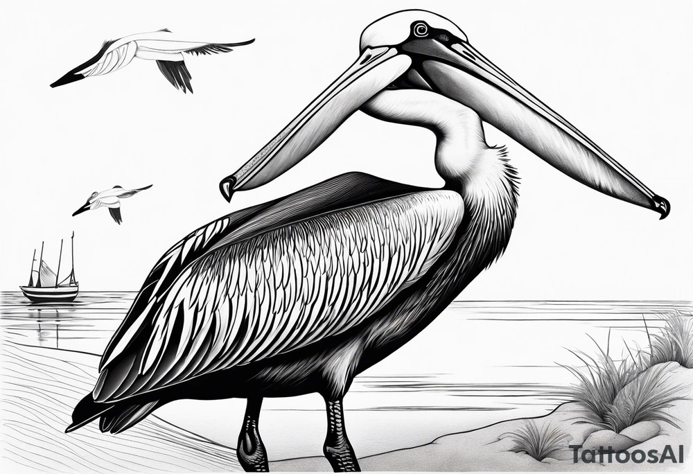 large pelican beside a sandpiper, dainty, minimalist, detailed tattoo idea