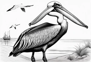 large pelican beside a sandpiper, dainty, minimalist, detailed tattoo idea