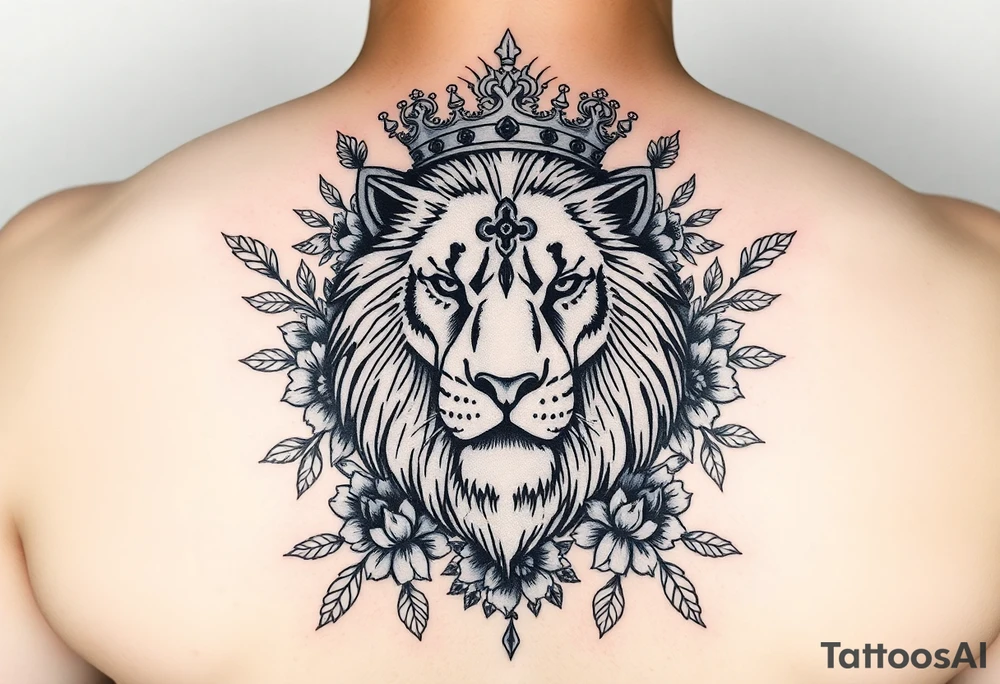powerful majestic lion with a crown, surrounded by floral ornaments and birds tattoo idea