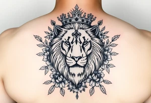 powerful majestic lion with a crown, surrounded by floral ornaments and birds tattoo idea
