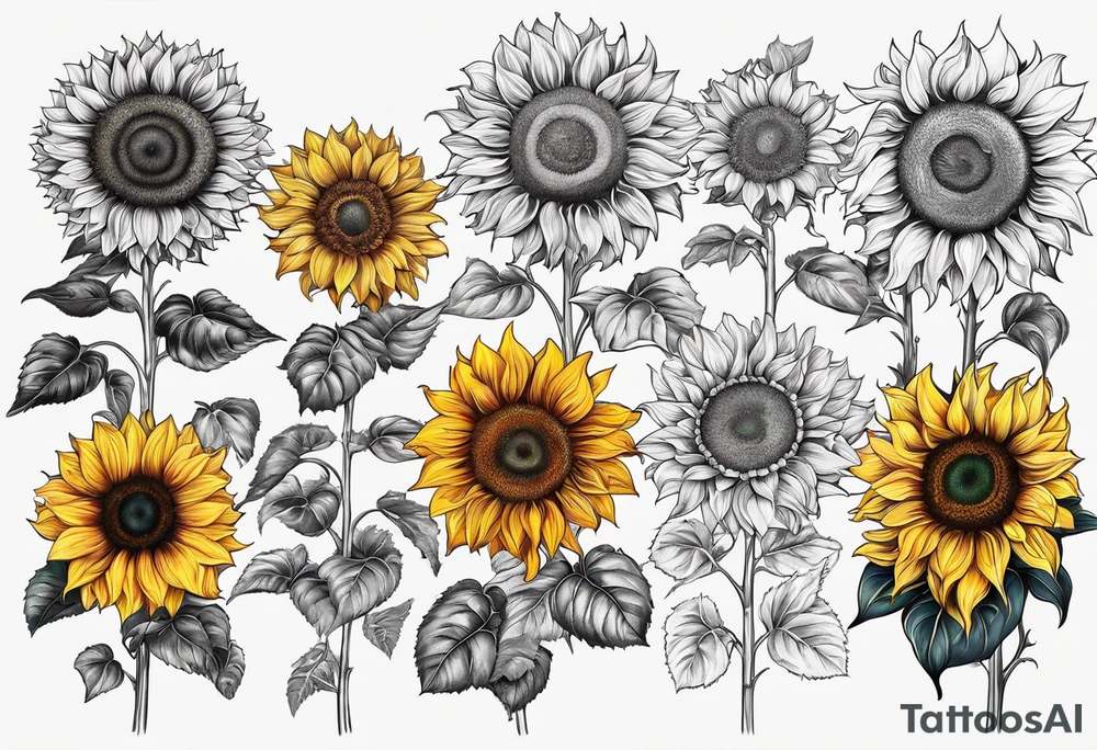 7 different species of sunflower laid out in 2 diagonal rows outline tattoo idea