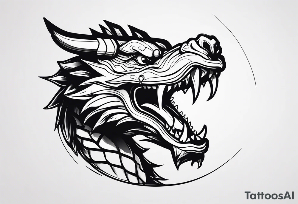 Dragon with a dumbbell in mouth tattoo idea