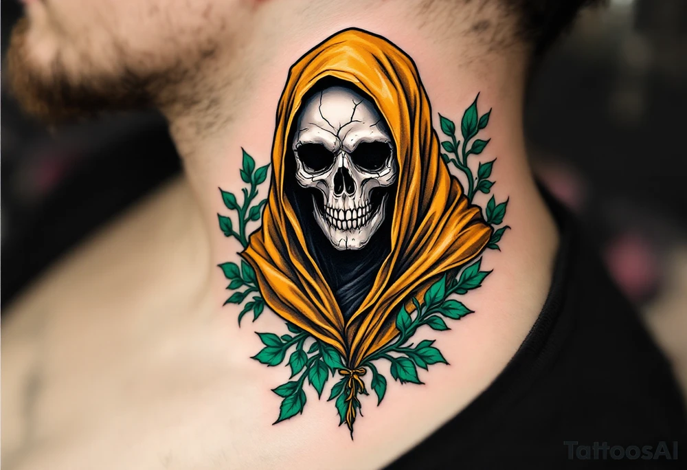 A golden-caped Grim Reaper surrounded by emerald vines and a cracked skull mask. tattoo idea