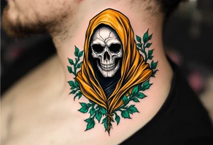 A golden-caped Grim Reaper surrounded by emerald vines and a cracked skull mask. tattoo idea