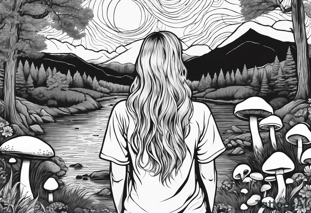 Whole picture encircled fully

Straight long blonde hair hippie girl in distance holding mushrooms in hand facing away toward mountains and creek surrounded by mushrooms tee shirt and hiking pants; whole rendering within a full circle, no cut off circle tattoo idea