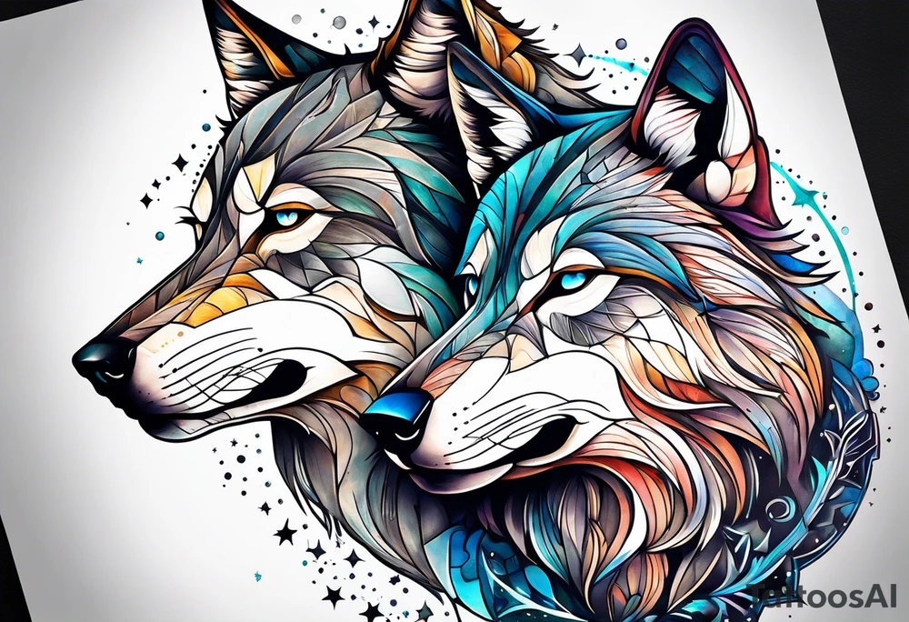 Constellation, two animal wolf, géométric tattoo idea