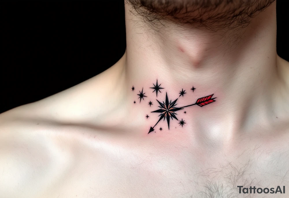 A fine-line Sagittarius star constellation tattoo with a bold red arrow shooting across the stars on the ribcage. tattoo idea