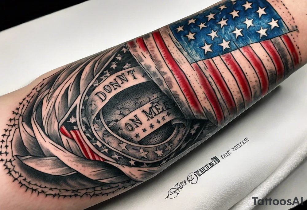 American patriotic forearm tattoo that includes the American flag, the phrase "Don't Tread on Me" tattoo idea