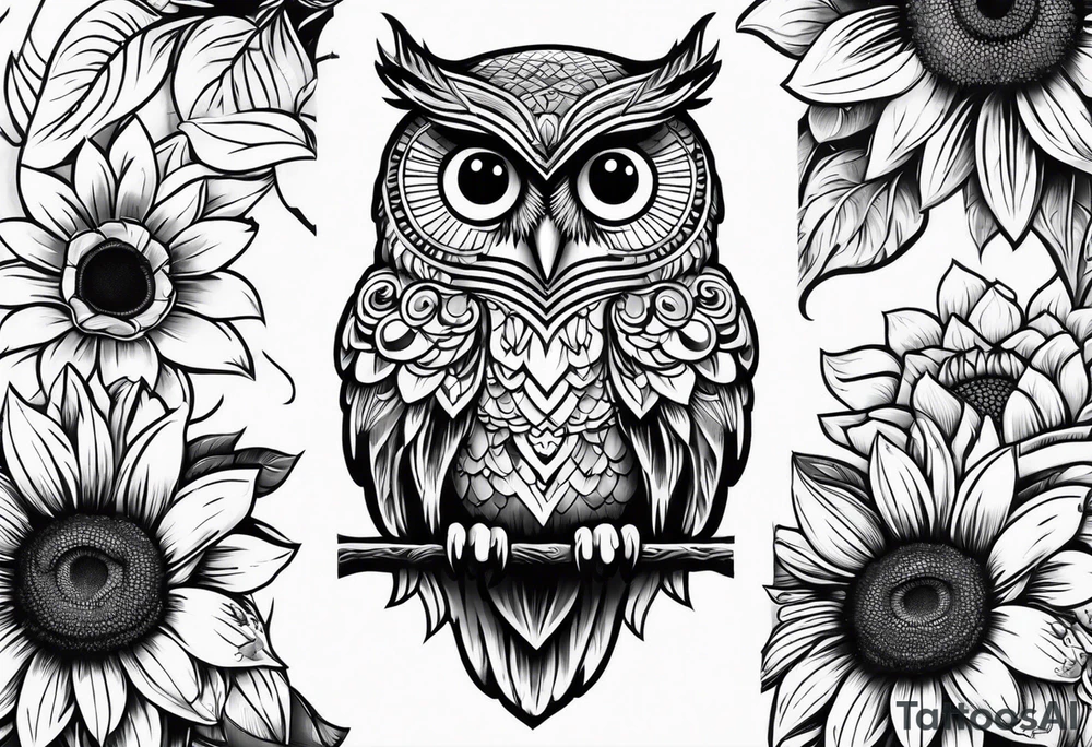 Black and white owl with sunflowers leg sleeve tattoo idea