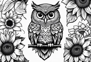 Black and white owl with sunflowers leg sleeve tattoo idea