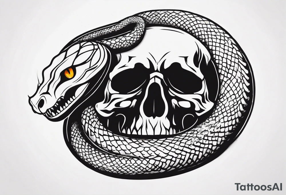 Aggresive Snake with skull, this design must be in a vertical vertical proportion. Also, the desing must be minimalistic not saturated. tattoo idea