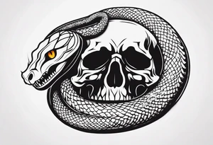 Aggresive Snake with skull, this design must be in a vertical vertical proportion. Also, the desing must be minimalistic not saturated. tattoo idea