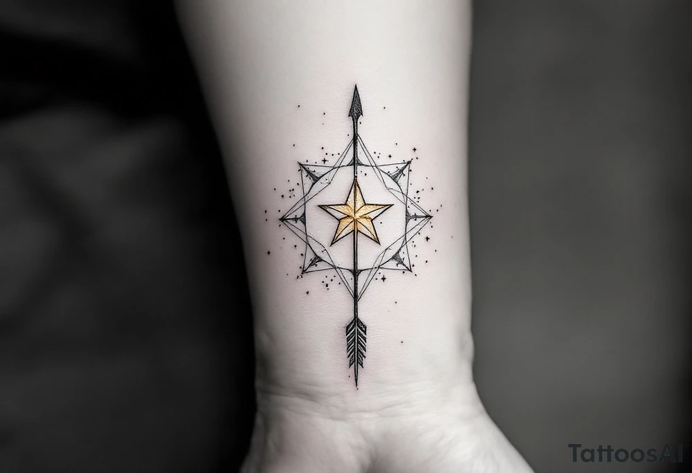 A Sagittarius arrow piercing through a golden star, with the star constellation traced in thin white lines around it. tattoo idea