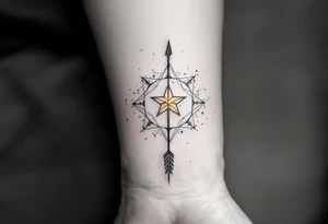 A Sagittarius arrow piercing through a golden star, with the star constellation traced in thin white lines around it. tattoo idea
