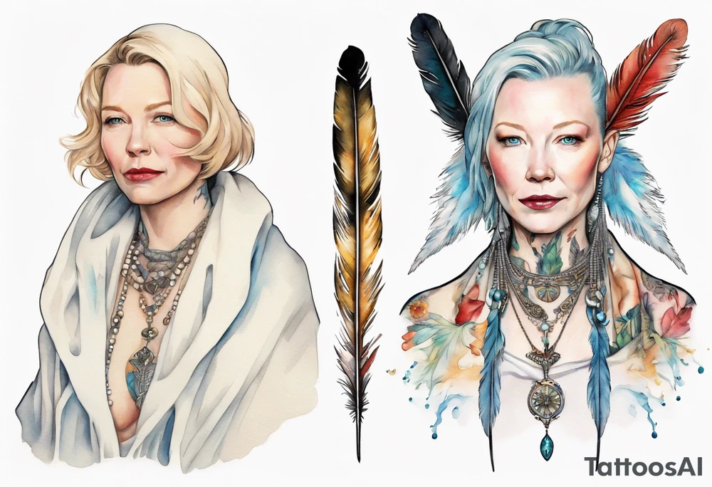 Cate Blanchette wearing white cloak  and boots and feather necklace tattoo idea