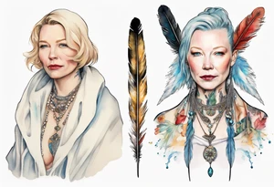 Cate Blanchette wearing white cloak  and boots and feather necklace tattoo idea
