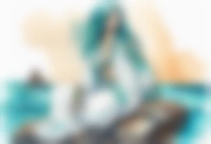 An undine with turquois scales wearing a white robe, sitting on rocks by the ocean tattoo idea