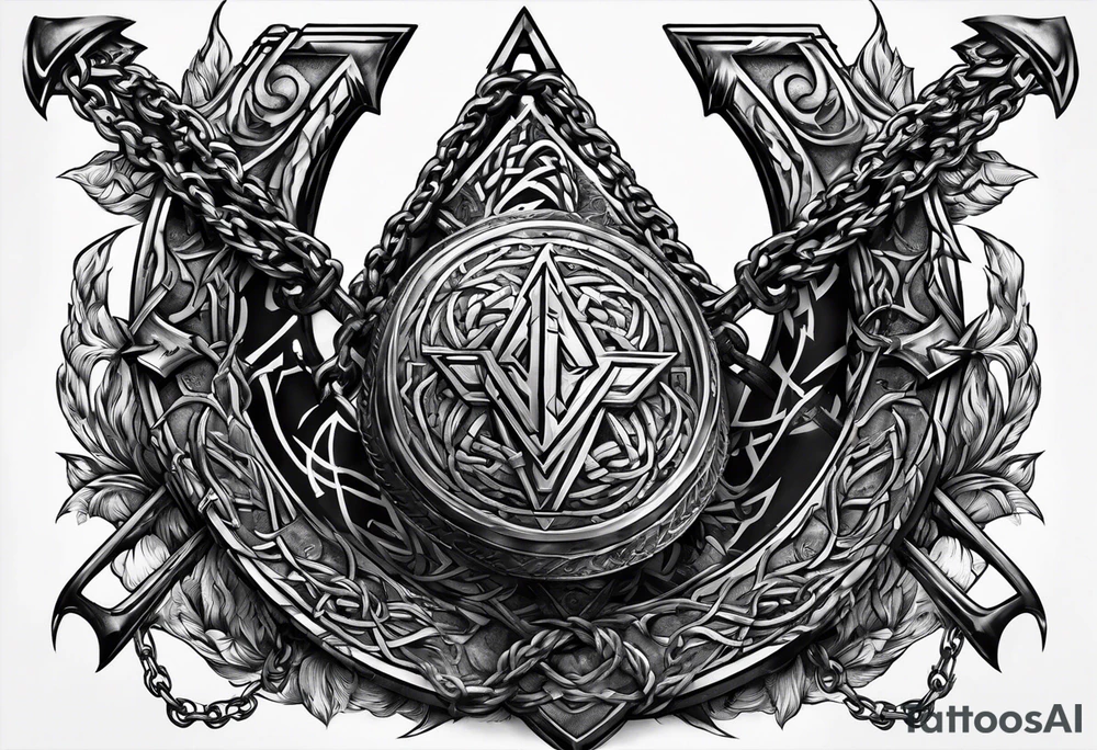 Valhalla sword shield  axe Valknut barbed wire chains tattoo idea