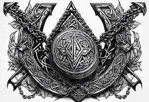 Valhalla sword shield  axe Valknut barbed wire chains tattoo idea