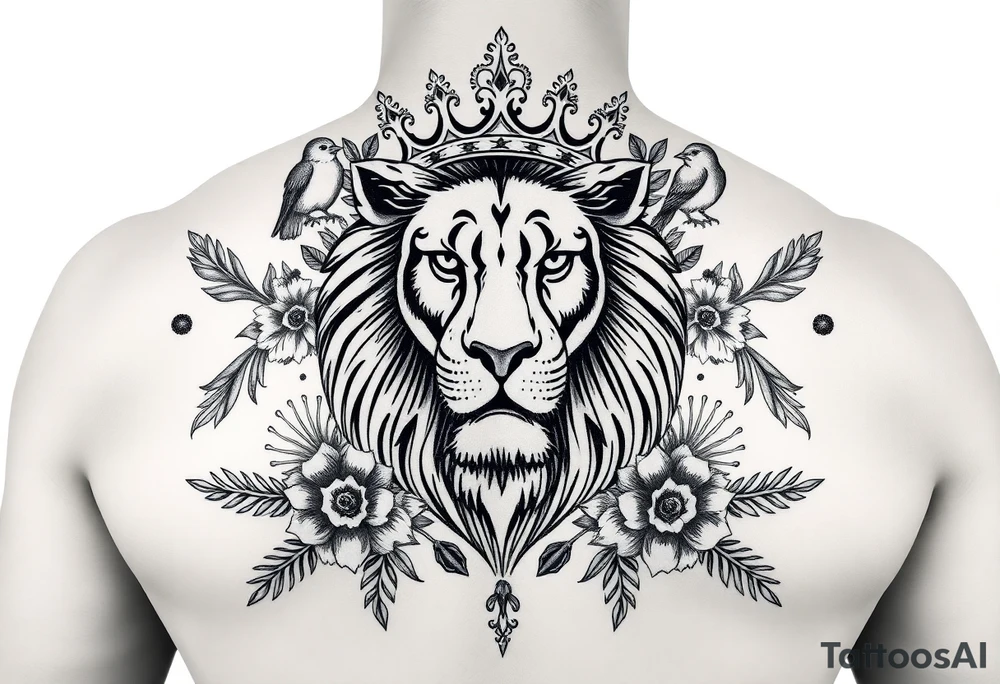 powerful majestic lion with a crown, surrounded by floral ornaments and birds tattoo idea