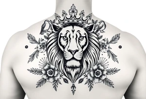 powerful majestic lion with a crown, surrounded by floral ornaments and birds tattoo idea
