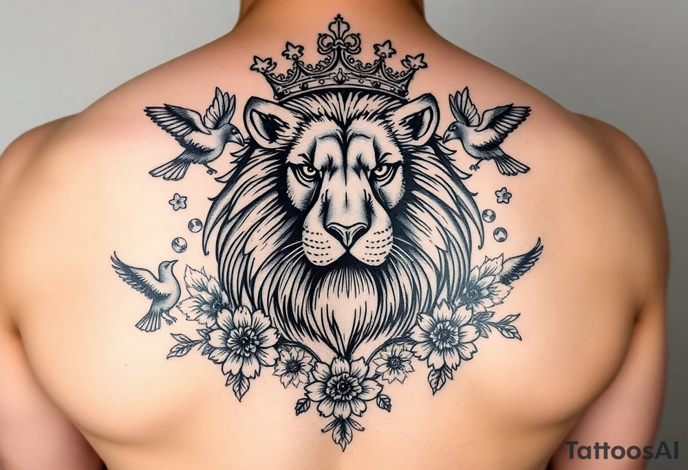 powerful majestic lion with a crown, surrounded by floral ornaments and birds tattoo idea