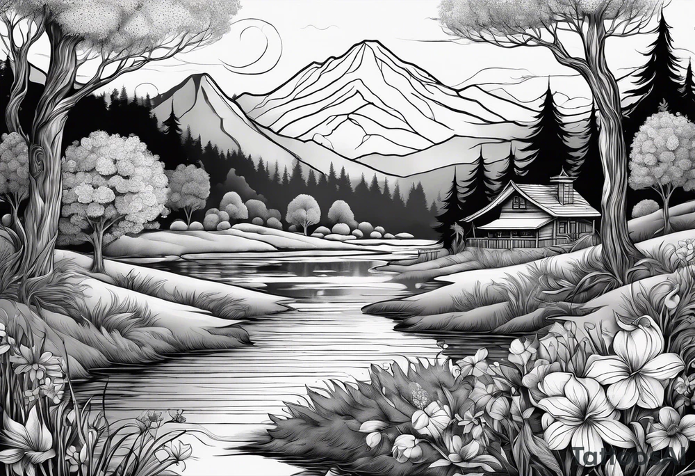 Peaceful nature scene with flowers, trees, animals and water tattoo idea