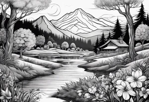 Peaceful nature scene with flowers, trees, animals and water tattoo idea