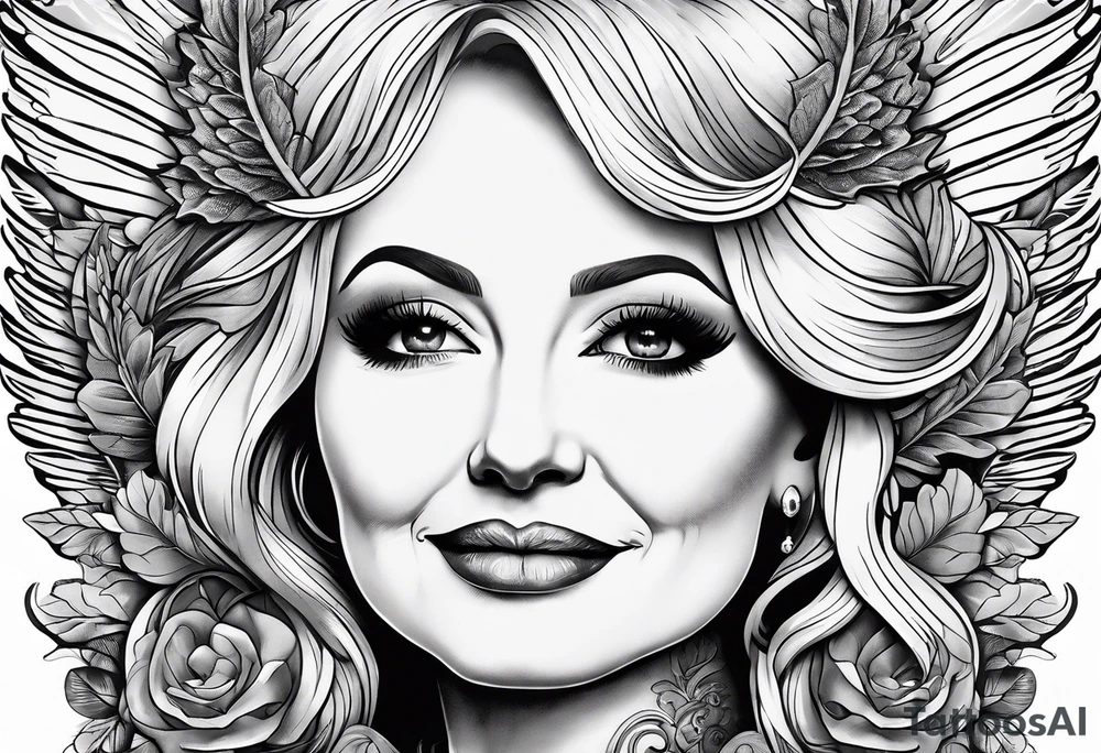 An angelic tattoo featuring Dolly Parton, an acorn, wings tattoo idea