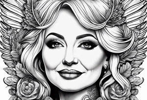 An angelic tattoo featuring Dolly Parton, an acorn, wings tattoo idea