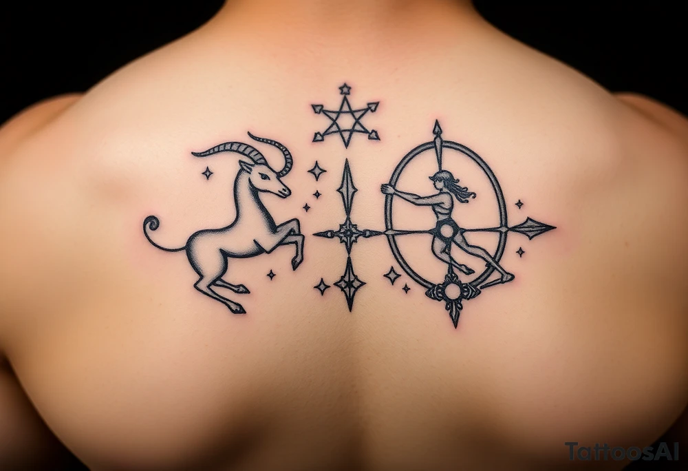 combine the symbols for capricorn and sagittarius with some celestial items interspersed small and combine them together and use the zodiac symbol tattoo idea