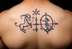 combine the symbols for capricorn and sagittarius with some celestial items interspersed small and combine them together and use the zodiac symbol tattoo idea