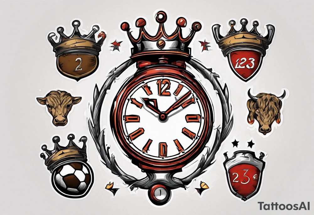 Ballon de football avec le numéro23 ,  une horloge avec une couronne,  le tout avec au fond un taureau tattoo idea