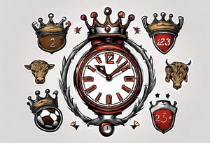 Ballon de football avec le numéro23 ,  une horloge avec une couronne,  le tout avec au fond un taureau tattoo idea