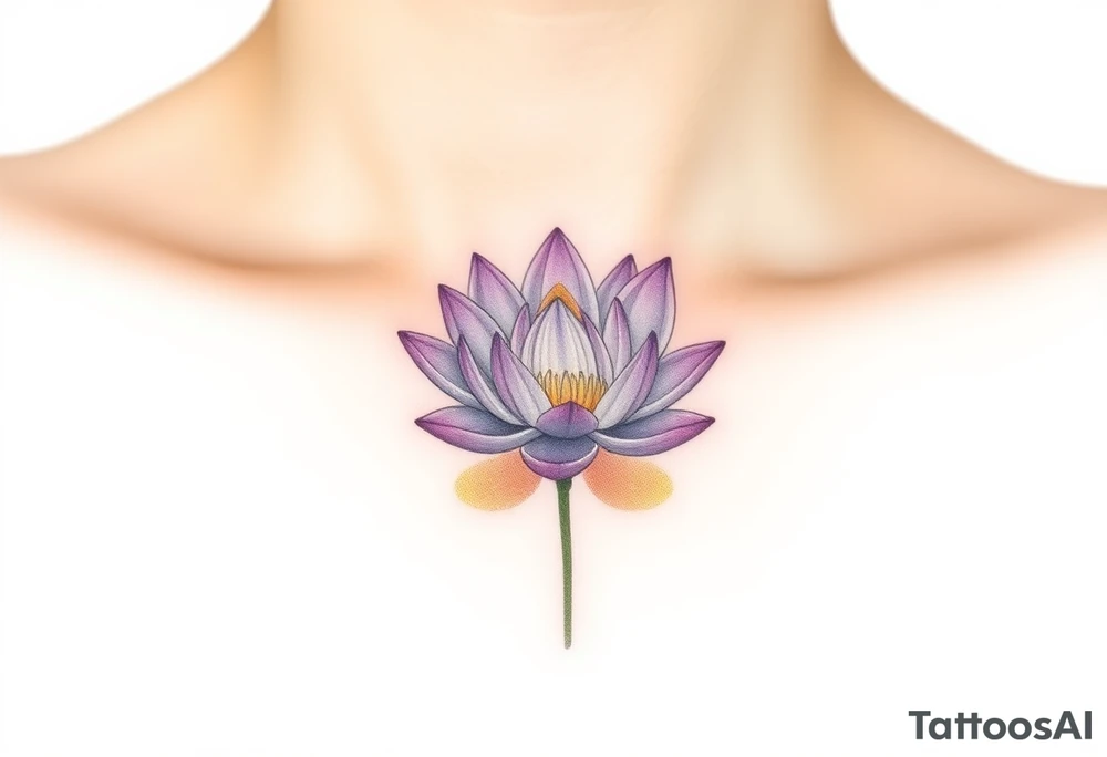 A delicate water lily with lavender-colored petals, surrounded by ethereal gold accents and floating gracefully in a misty, light-gray water, representing spiritual connection tattoo idea