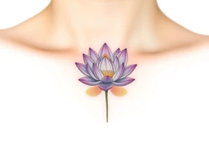 A delicate water lily with lavender-colored petals, surrounded by ethereal gold accents and floating gracefully in a misty, light-gray water, representing spiritual connection tattoo idea