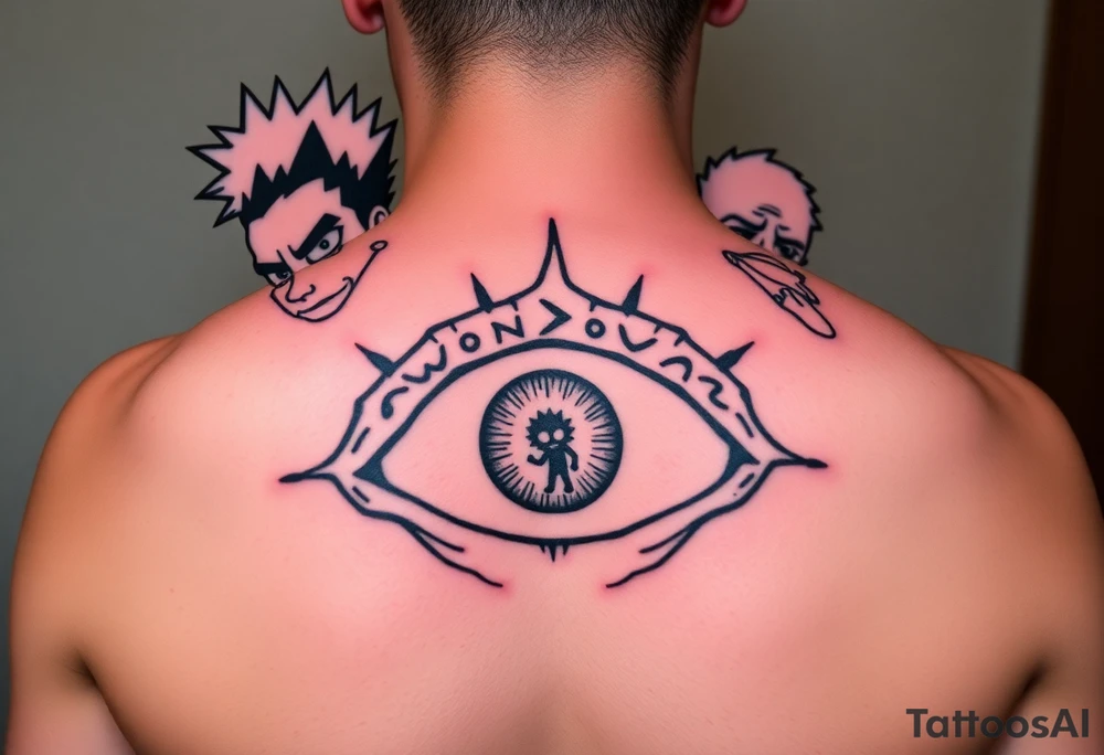 Boondocks Riley Freeman and Huey Freeman on top. in the middle itachi sharingan with one eye having Rick and Morty walking out of it, tattoo idea