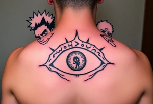 Boondocks Riley Freeman and Huey Freeman on top. in the middle itachi sharingan with one eye having Rick and Morty walking out of it, tattoo idea