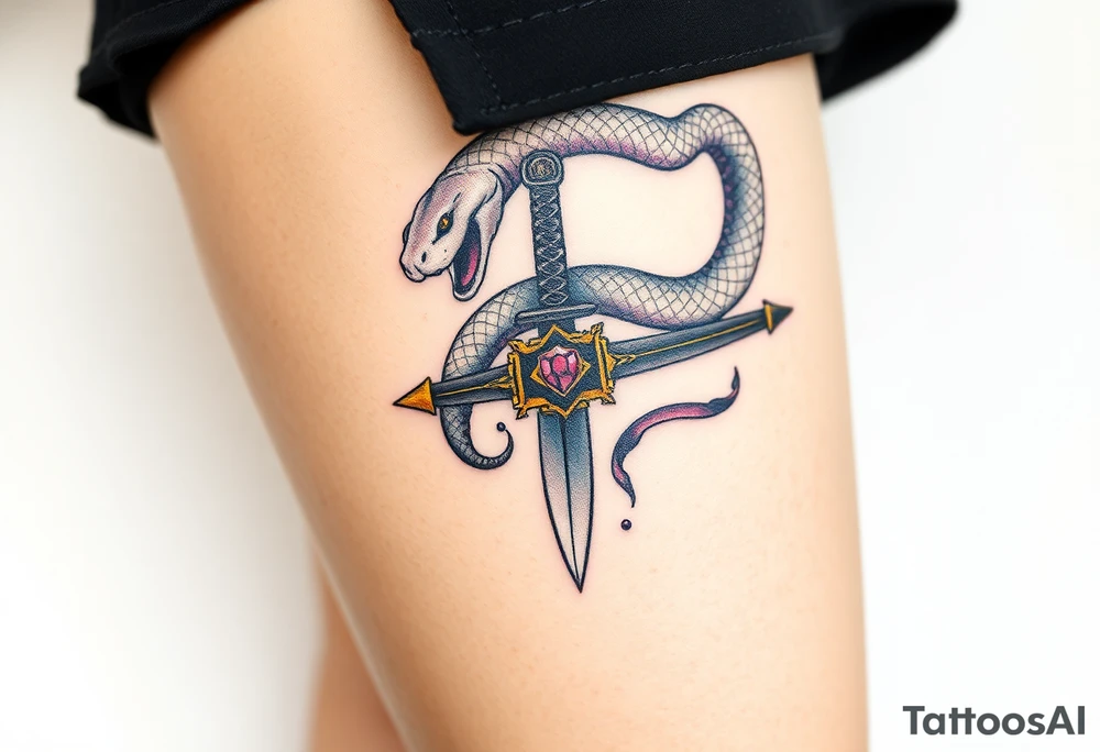 mystical snake coiled around an ancient dagger with jeweled hilt tattoo idea