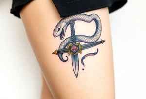 mystical snake coiled around an ancient dagger with jeweled hilt tattoo idea