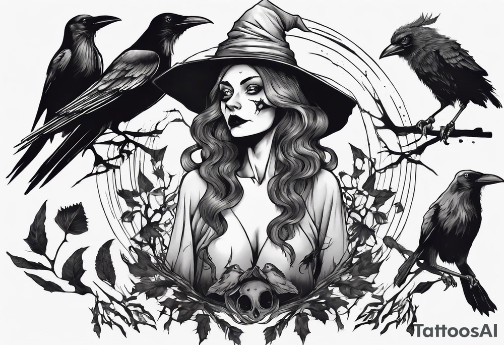 a witch with crows in black and white tattoo idea