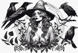 a witch with crows in black and white tattoo idea