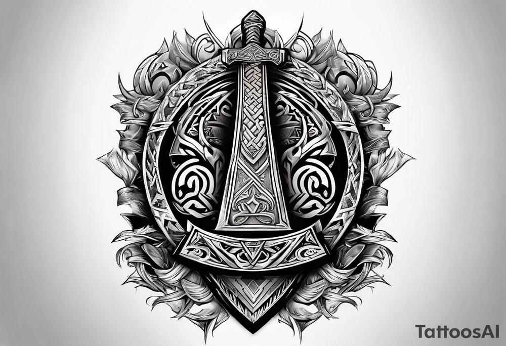 Valhalla stairs sword shield axe Valknut tattoo idea