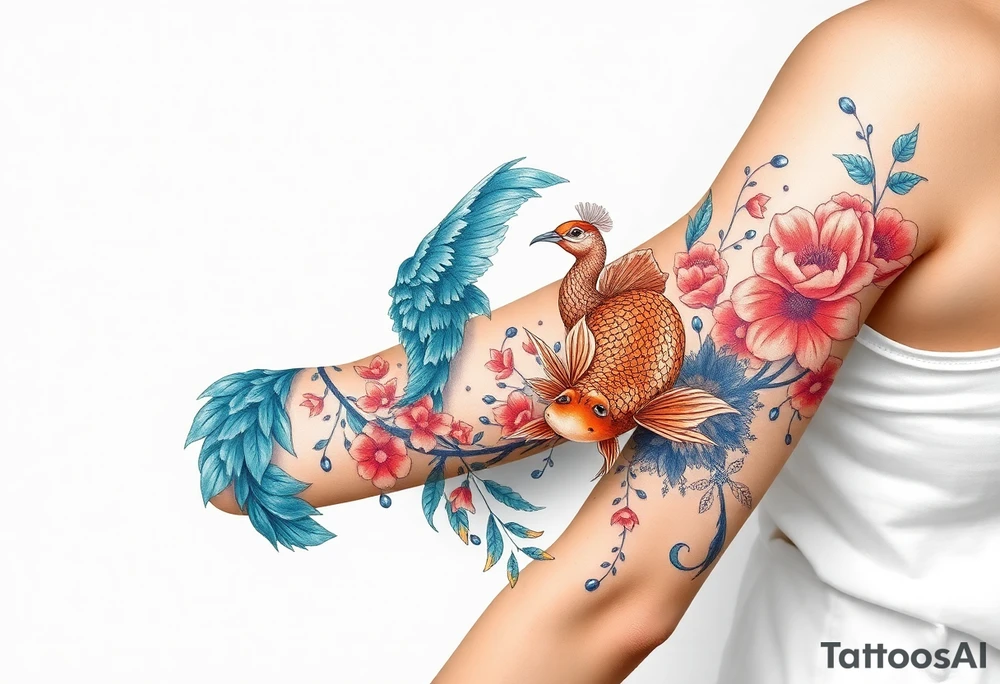 Peacock , orkid flowers, Coi fish tattoo idea