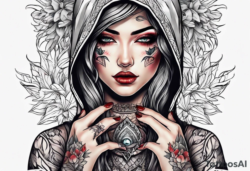 Neo traditional hooded woman tattoos under eyes blood scars hand with eye in palm tattoo idea