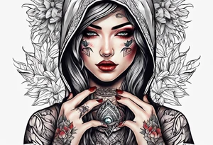 Neo traditional hooded woman tattoos under eyes blood scars hand with eye in palm tattoo idea