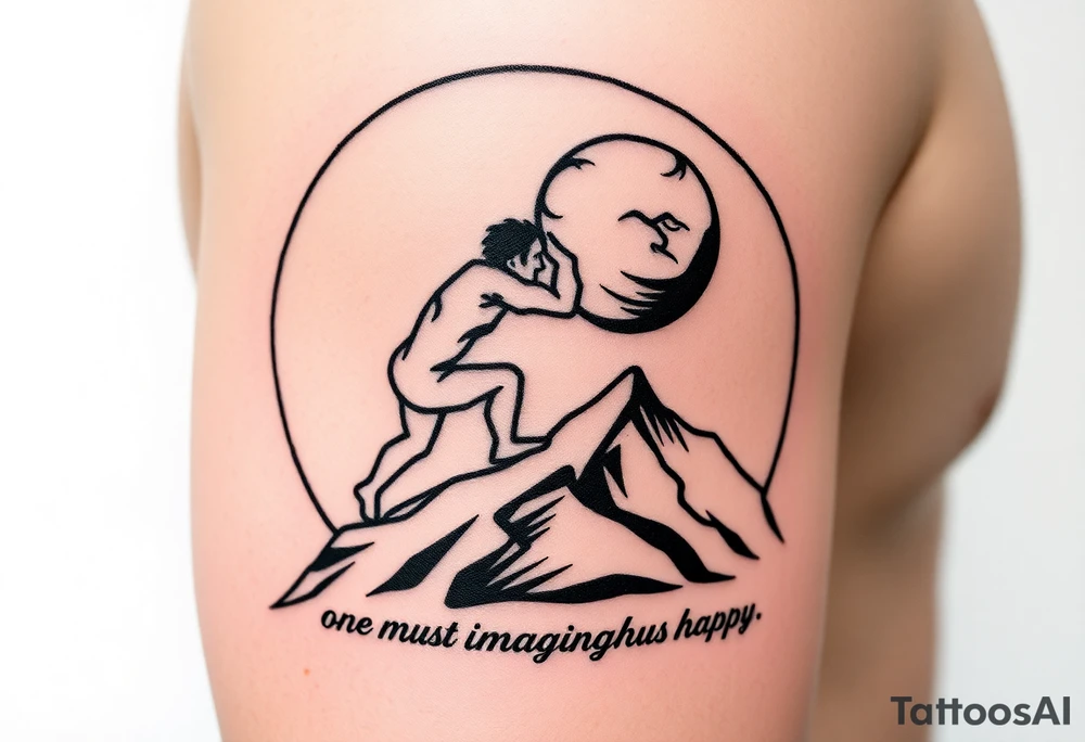 I want to get a tattoo. Unsure of where so give me ideas. It’s centered around the myth of Sisyphus and need help with how to design it. But I know I want it to resemble the story so maybe a man pushing a boulder up a hill with a couple other tiny details. Then I want the words from the quote “one must imagine Sisyphus happy.” I want ideas for a design that will encapsulate the story of Sisyphus tattoo idea