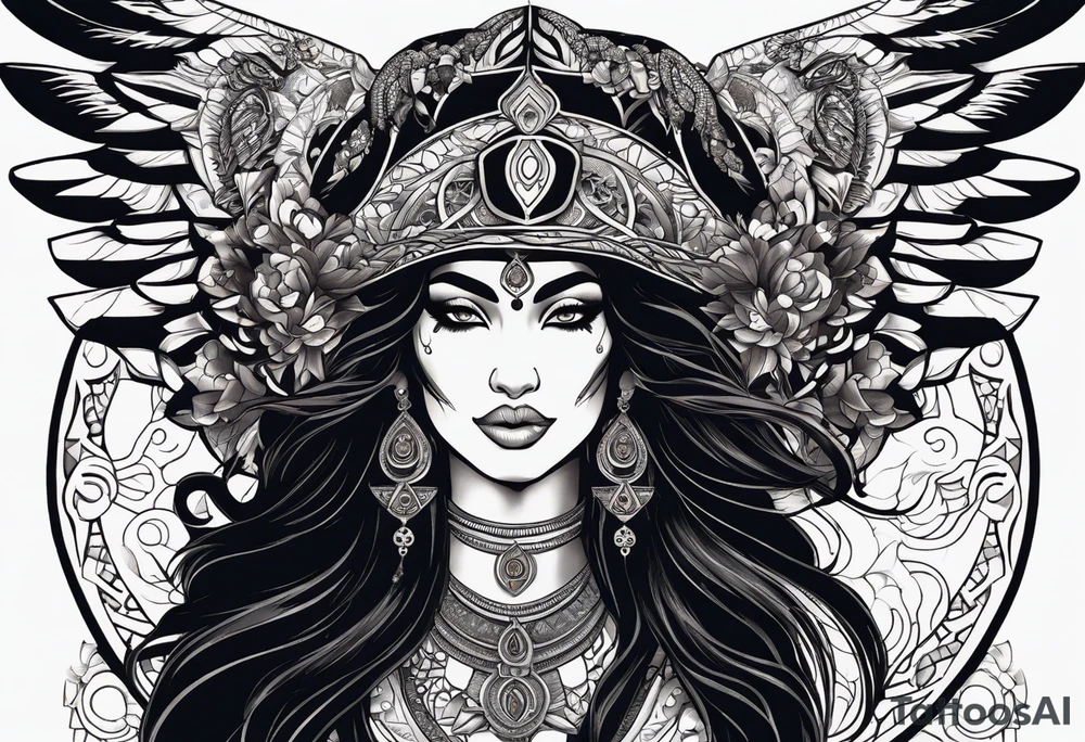 black kali, goddess pirate, alien, angel, pachamama, valkrye, warrior, flying, skull, lotus azul, wing, eagle, zenza resonance, stars, 5D, anahata chakra, death, durga, riding on a tiger, flying lady, kundalini, chest tatoo, samuri, rebel, serpent tattoo idea